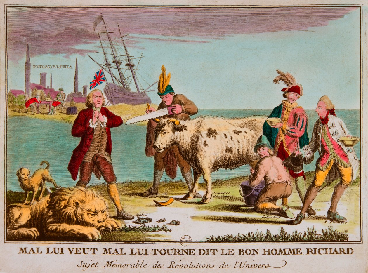 Mal haluaa hänen olevan väärässä, sanoi hyvä mies richard. Ikimuistoinen aihe universumin vallankumouksista. Sarjakuva Englantia vastaan. 1780, Privee Collection (Brittiläinen kauppa lypsylehmänä. Kuvia ovat: Iso-Britannia nukkuvana leijonana; Continental  tekijältä Anonymous Anonymous