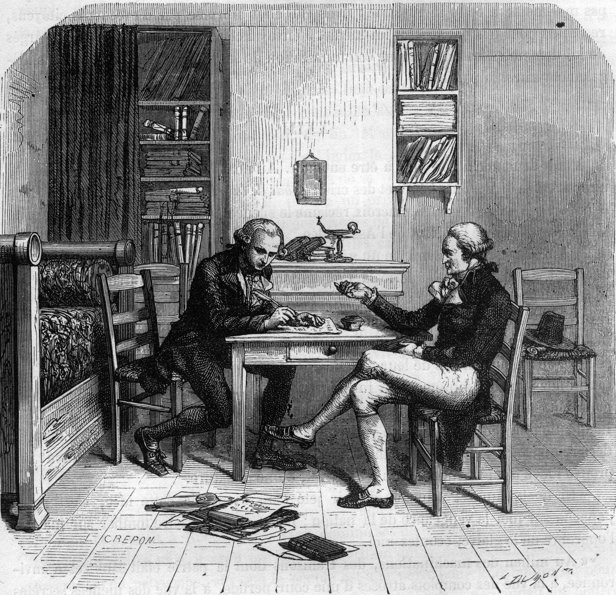 Maximilien de Robespierre 1758-1794, ranskalainen poliitikko, yleisen turvallisuuden komitean jäsen Maurice Duplayn kanssa huoneessa - Chambre de Maximilien de Robespierre chez Maurice Duplay (1736-1820) rue Saint-Honore a Paris - Kaiverrus "Histoire des G tekijältä Anonymous Anonymous