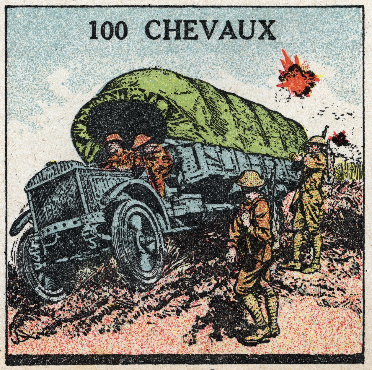 Mekaaninen veto: sotilasauto jopa 100 hevosvoimaa. Anonyymi kuvitus vuodelta 1925. Yksityiskokoelma. tekijältä Anonymous Anonymous