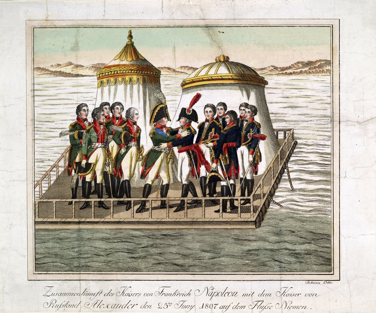 Venäjän keisarien Aleksanteri I:n ja Ranskan Napoleon I:n tapaaminen Nemanissa Tilsitin lähellä - Anonyymi - 1807 - Etsaus, akvarelli - 29,7x39,7 - Yksityiskokoelma tekijältä Anonymous Anonymous