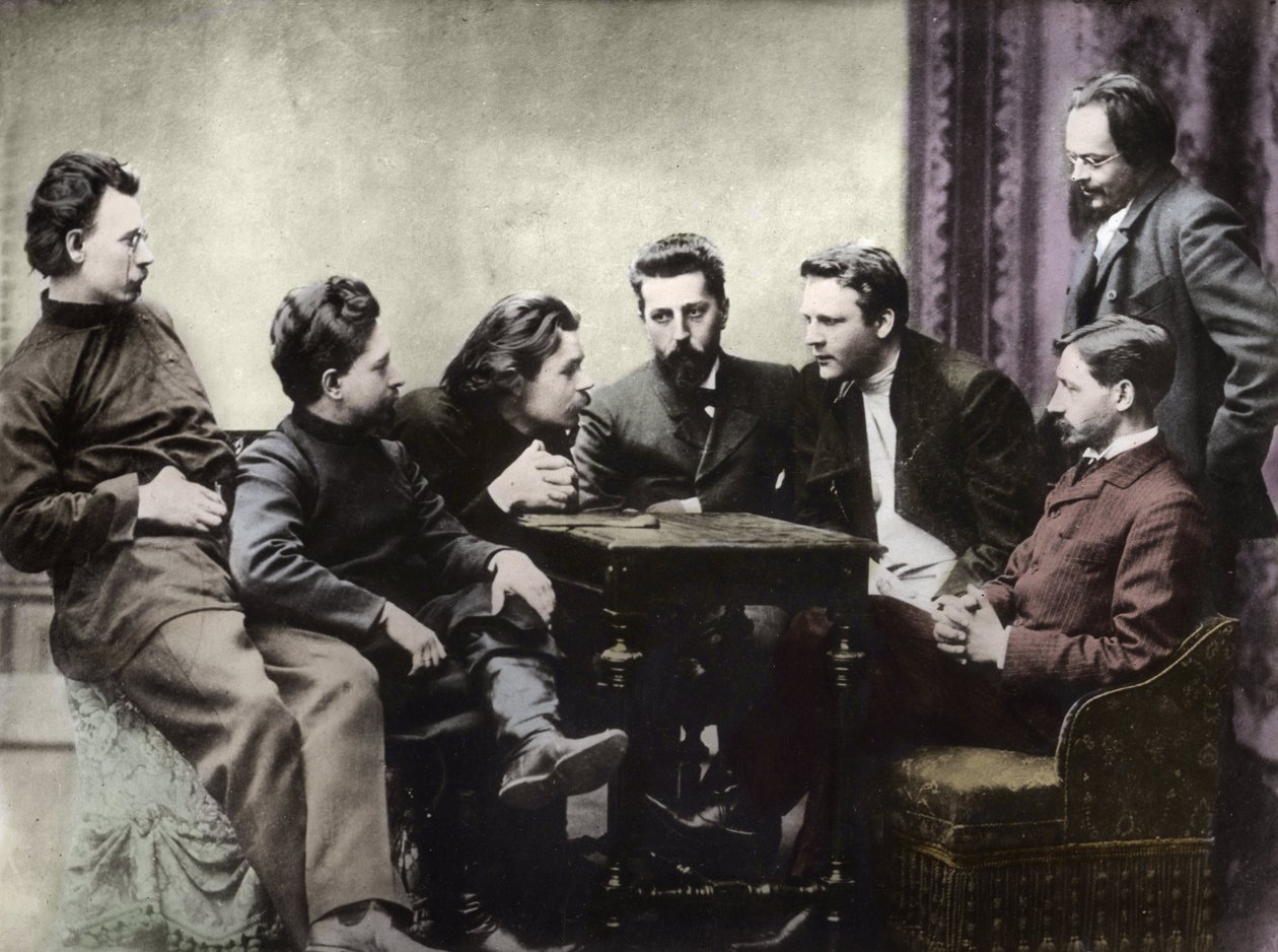 Venäläisten realististen kirjailijoiden 1890-luvun jälkipuoliskolla perustaman Sreda-kirjallisuuspiirin jäseniä - Znanie-kirjallisuusryhmän venäläisten älymystöjen muotokuvia: vasemmalta oikealle, Andrei Skitalets (Stephan Gabrilovich Petrov), Leonid Nikol tekijältä Anonymous Anonymous