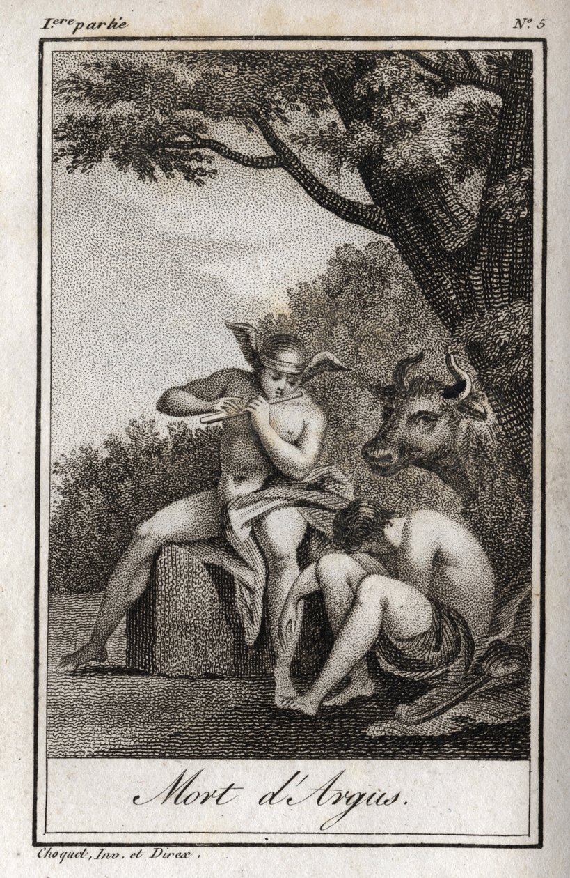 Mercury ja Argus (Mercury ja Argus). Death of Argus: Merkurius soittaa huilua nukahtaakseen Argusin ja erottaakseen nymfi Ion, joka muuttui lehmäksi. Kaiverrus vuodelta 1819 Charles Albert Demoustier