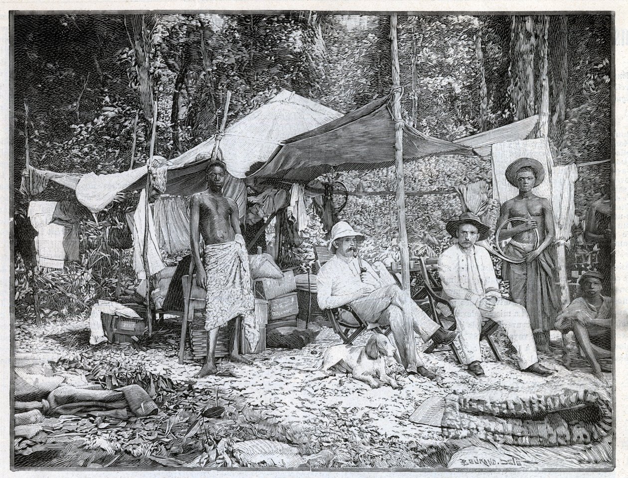 Ranskalaisen kapteenin Louis Gustave Bingerin (1856-1936) tehtävä: operaation leiri Afforenoussa Norsunluurannikolla. Kaiverrus "Le monde illustree" vuodelta 1892. Yksityinen kokoelma. tekijältä Anonymous Anonymous