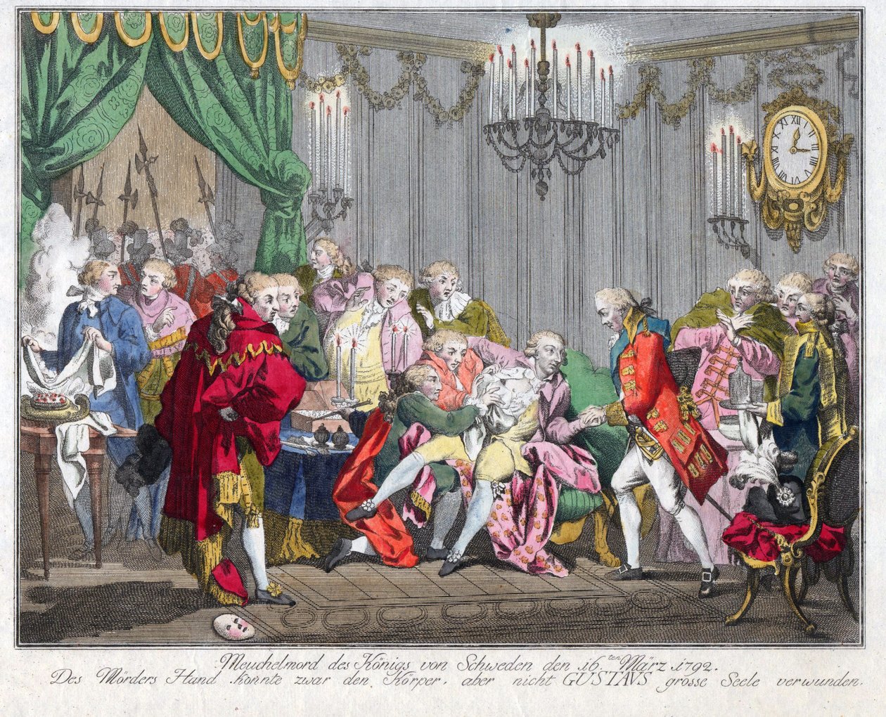 Mort de Gustave III de Suede (1746-1792) - Kuningas Kustaa III:n salamurha 16. maaliskuuta 1792 - Nimetön - 1792 - Etsaus, akvarelli - 33,5x46,3 - Yksityiskokoelma tekijältä Anonymous Anonymous