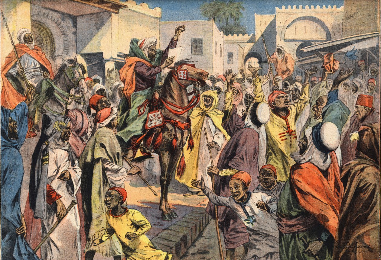 Mouley Hafid (Moulay-Hafid) julistaa sulttaaniksi Fezille: julkiset huutajat ilmoittavat julistuksen joukolle. Kaiverrus sanomalehdestä "" Le Petite Parisien", 26/01/1908. Yksityinen kokoelma. tekijältä Anonymous Anonymous