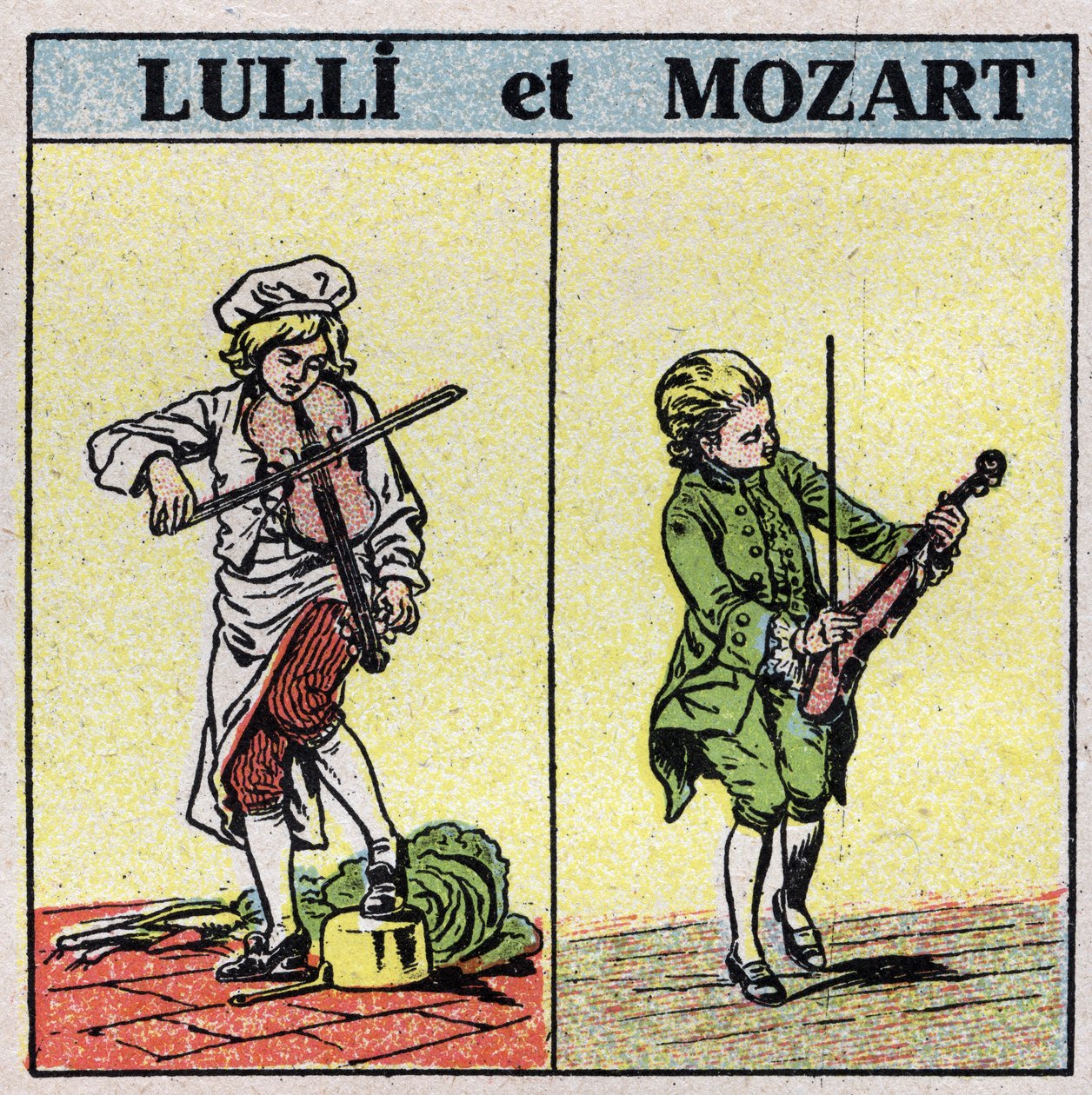 Soittimet: hierotut jousisoittimet. Jean Baptiste Lully (Giovanni Battista Lulli) (1632-1687) ja Wolfang Amadeus Mozart (1756-1791) soittavat viulua. Anonyymi kuvitus vuodelta 1925. Yksityiskokoelma. tekijältä Anonymous Anonymous