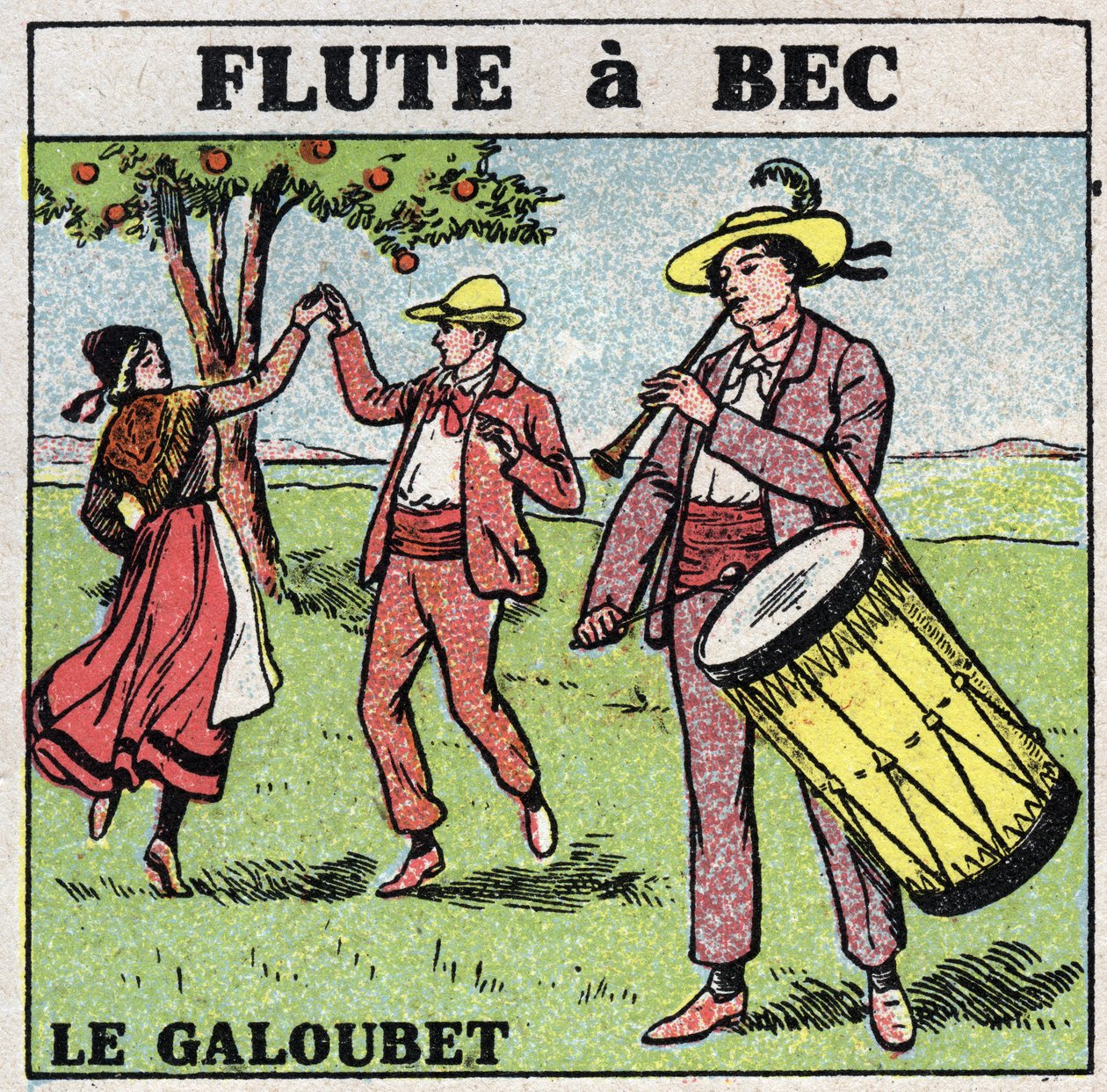 Soittimet: puhallinsoittimet. Galubet-soitin (huilu nokka). Anonyymi kuvitus vuodelta 1925. Yksityiskokoelma. tekijältä Anonymous Anonymous