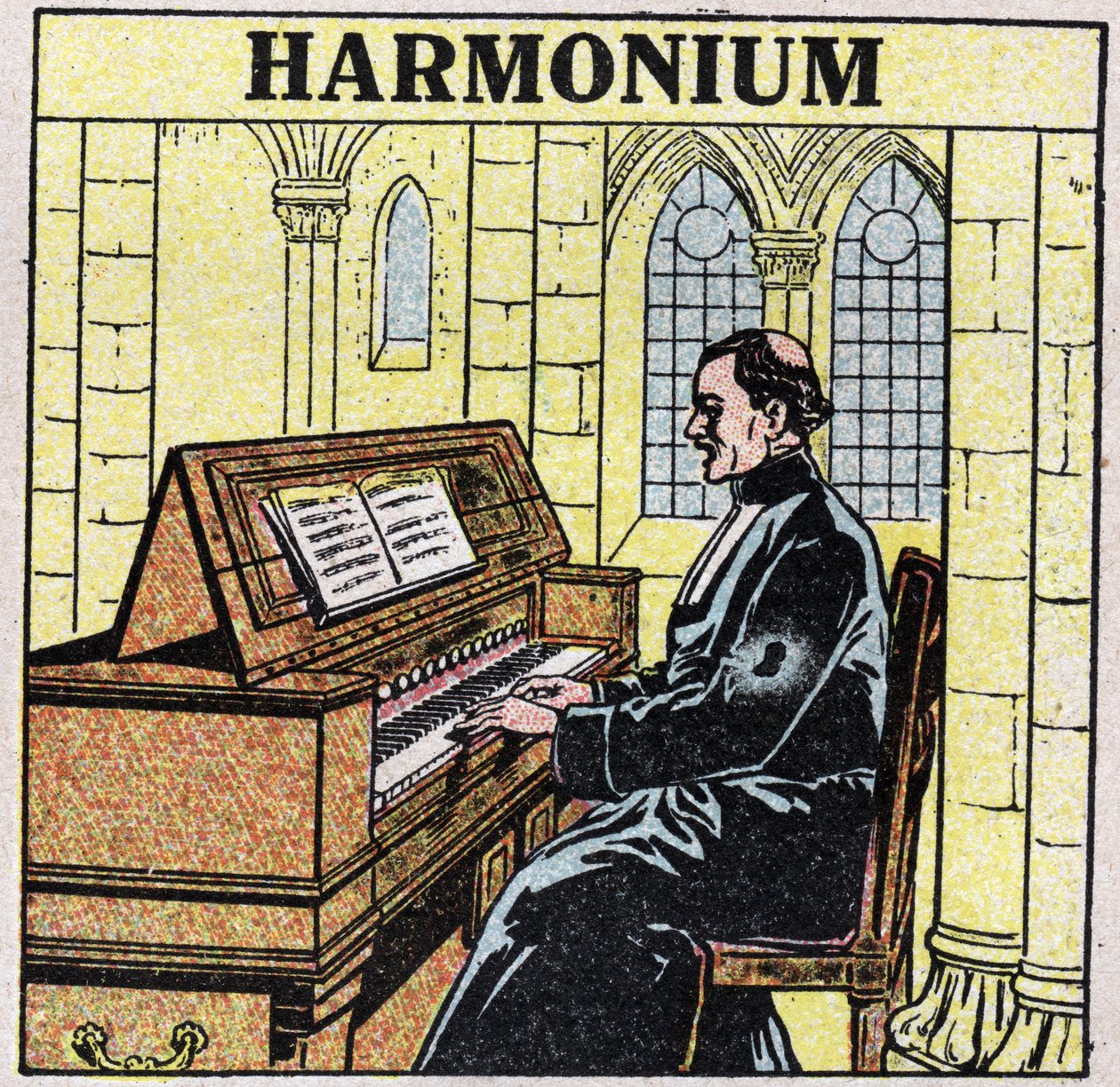 Soittimet: puhallinsoittimet lantiolla. Harmoniumsoitin kirkossa. Anonyymi kuvitus vuodelta 1925. Yksityiskokoelma. tekijältä Anonymous Anonymous