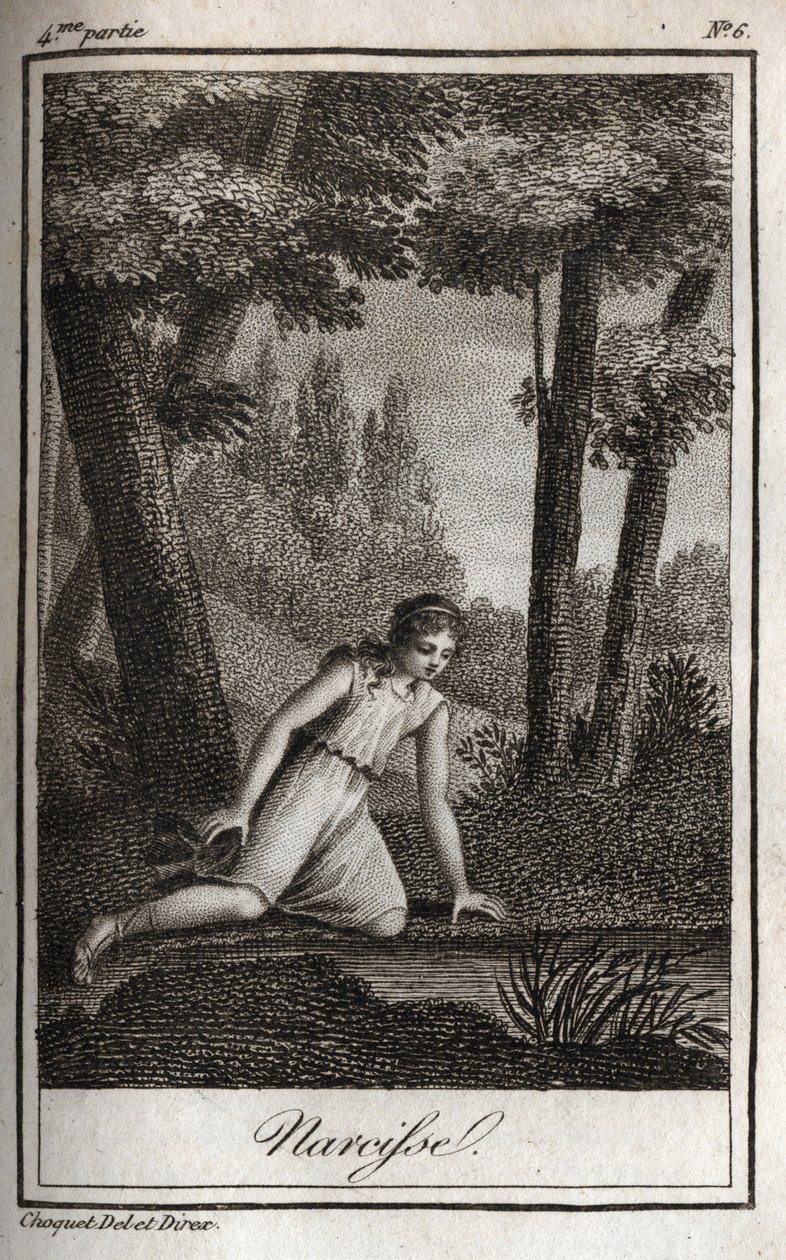 Narcisse pohtii heijastustaan (Narciso) Kaiverrus vuodelta 1819 Charles Albert Demoustier