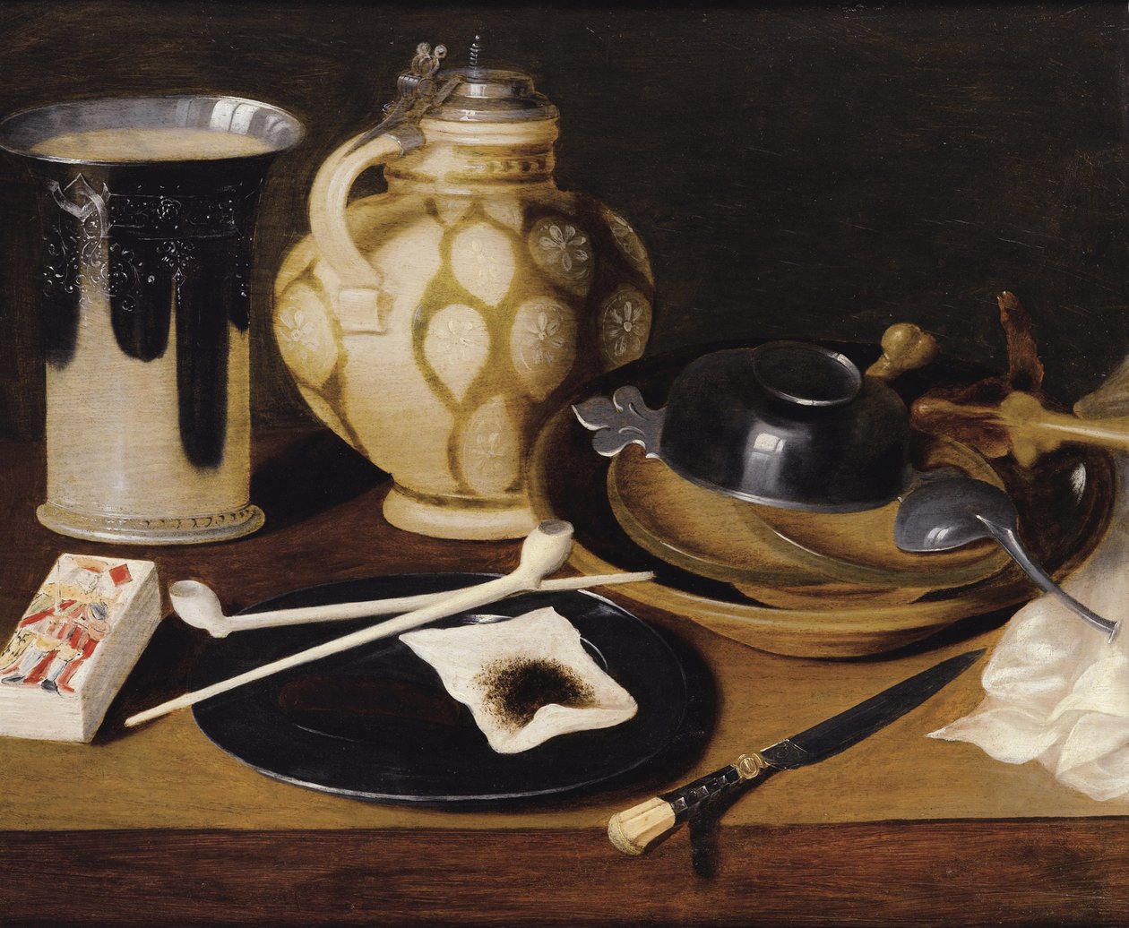 ""Nature morte a la pipe, au roi de carreau, couteau et pichet"" (Asetelma piipulla, timanttien kuningas, veitsi ja syöttäjä) Anonyymi maalaus, vers 1650 Öljy puulle, koko 52x64 cm Yksityiskokoelma tekijältä Anonymous Anonymous