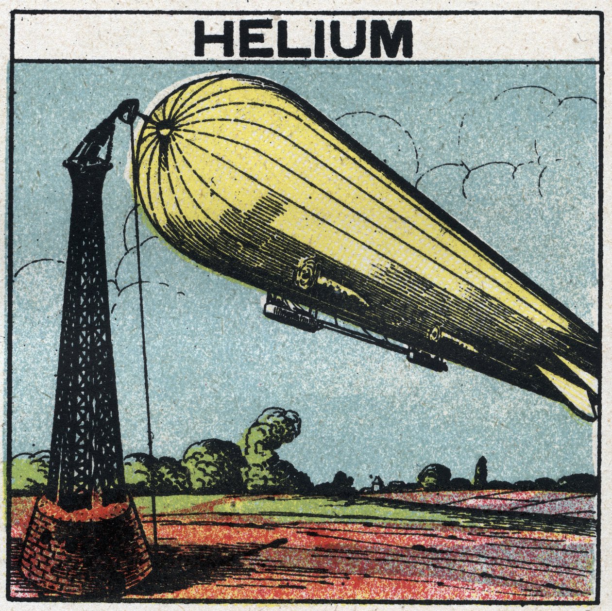 Uudet kaasuominaisuudet: zeppeliini täyttyy heliumilla. Nimetön kuvitus vuodelta 1925. Yksityinen kokoelma. tekijältä Anonymous Anonymous