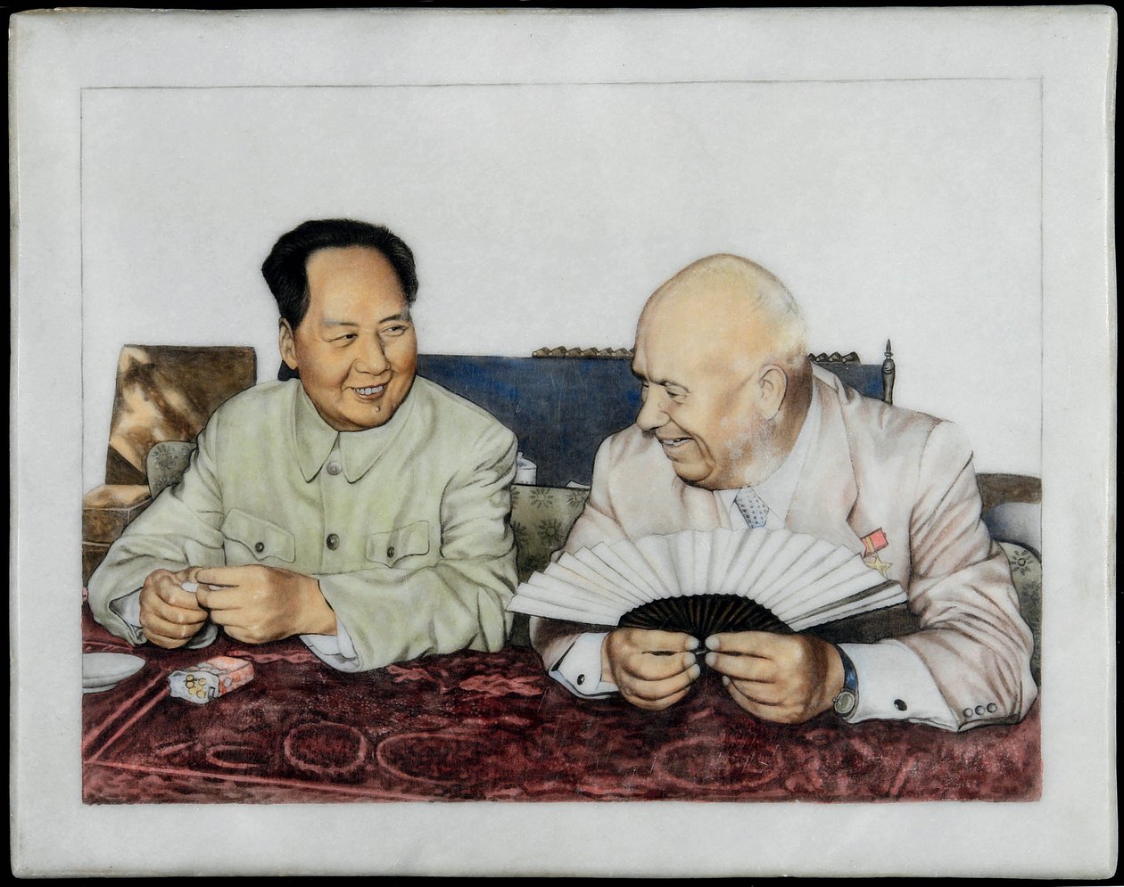 Nikita Khrouchtchev (1894-1971) ja Mao Zedong (Tse-Toung, Tse Toung) (1893-1976) - Nikita Hruštšov ja Mao Zedong - Nimetön. Posliini, päällyslasikoriste, 1960-luvun alku. Yksityinen kokoelma tekijältä Anonymous Anonymous