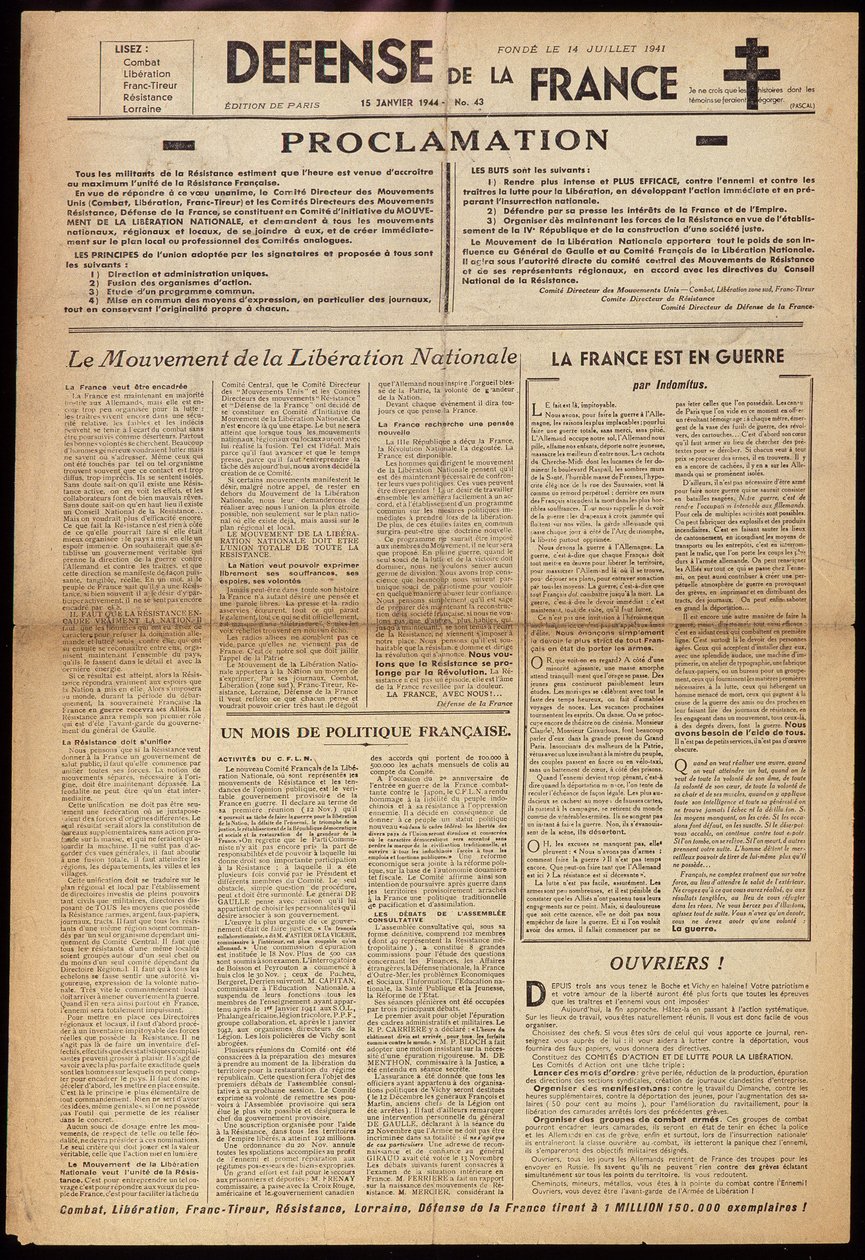 Yksi salaisista sanomalehdistä "" Défense de France"" 15.1.1944 tekijältä Anonymous Anonymous