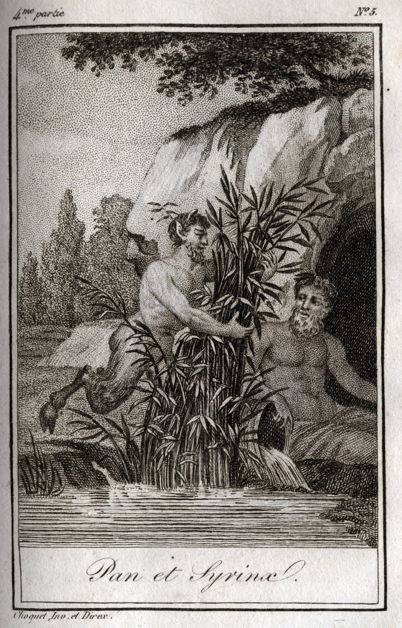 Pan ja nymfi Syrinx muuttuivat ruokoiksi (Pan ja Nymph Syrinx). Kaiverrus vuodelta 1819 Charles Albert Demoustier