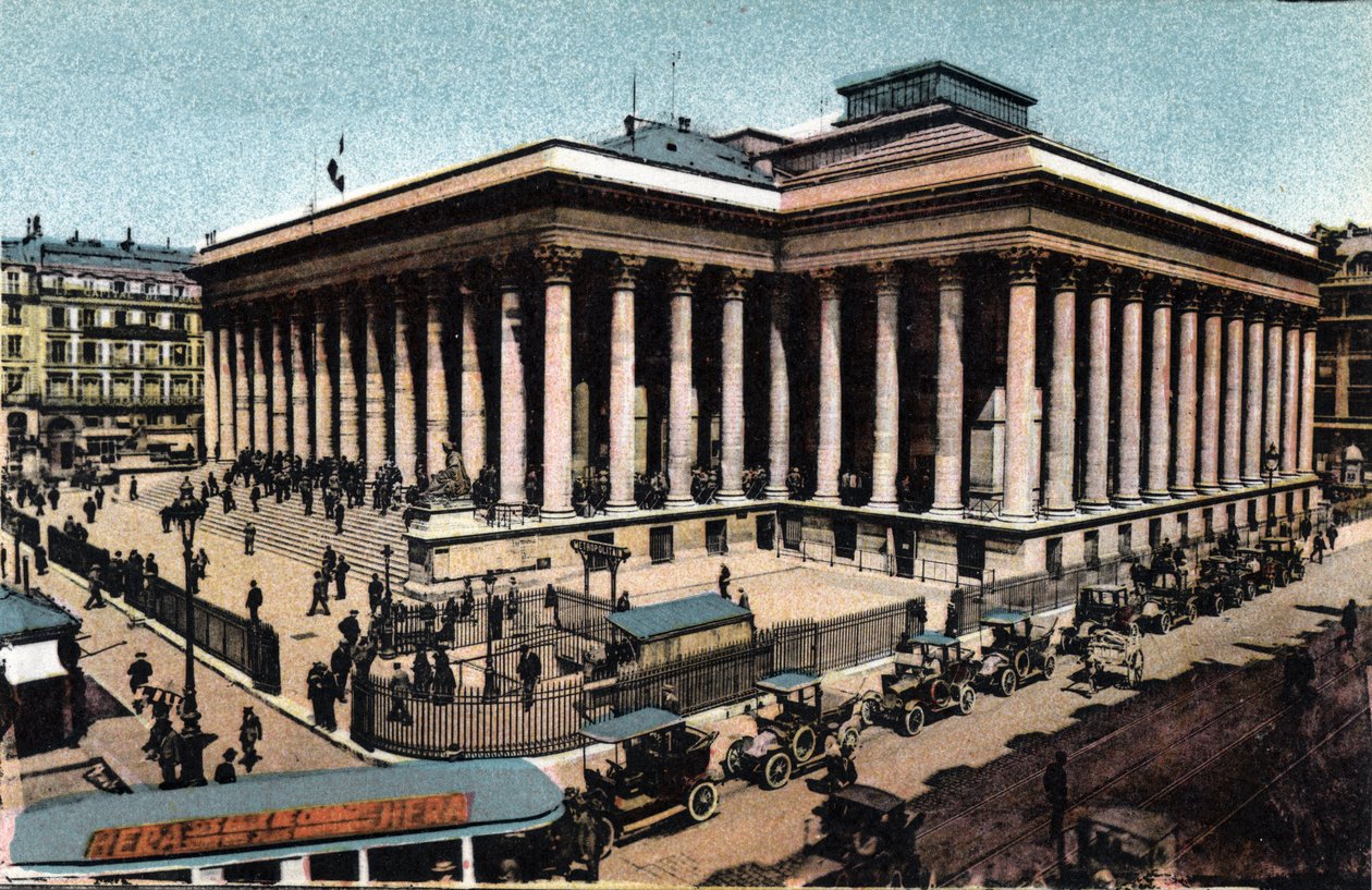 Pariisi: Ulkokuva Palais Brongniartista (Pariisin pörssi), jonka Alexandre Brongniart (1770-1847) rakensi vuosina 1808-1826. Valokuva vuodelta 1920 Pariisin kaupungin "" Artistic Album -albumissa". Yksityinen kokoelma. tekijältä Anonymous Anonymous