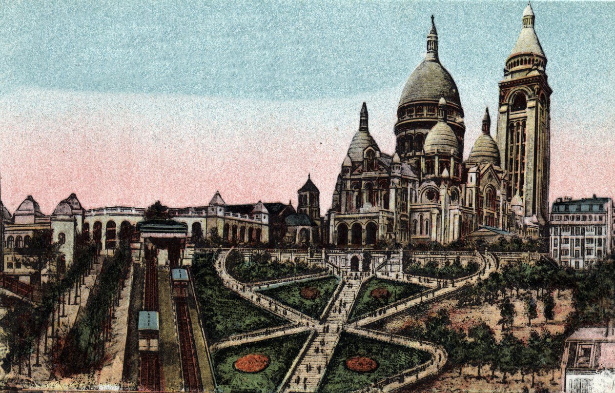 Pariisi: köysirata ja Sacre Coeurin basilika (Sacre-Coeur) Butte Montmartrella. Valokuva vuodelta 1920 Pariisin kaupungin "" Artistic Album -albumissa". Yksityinen kokoelma. tekijältä Anonymous Anonymous