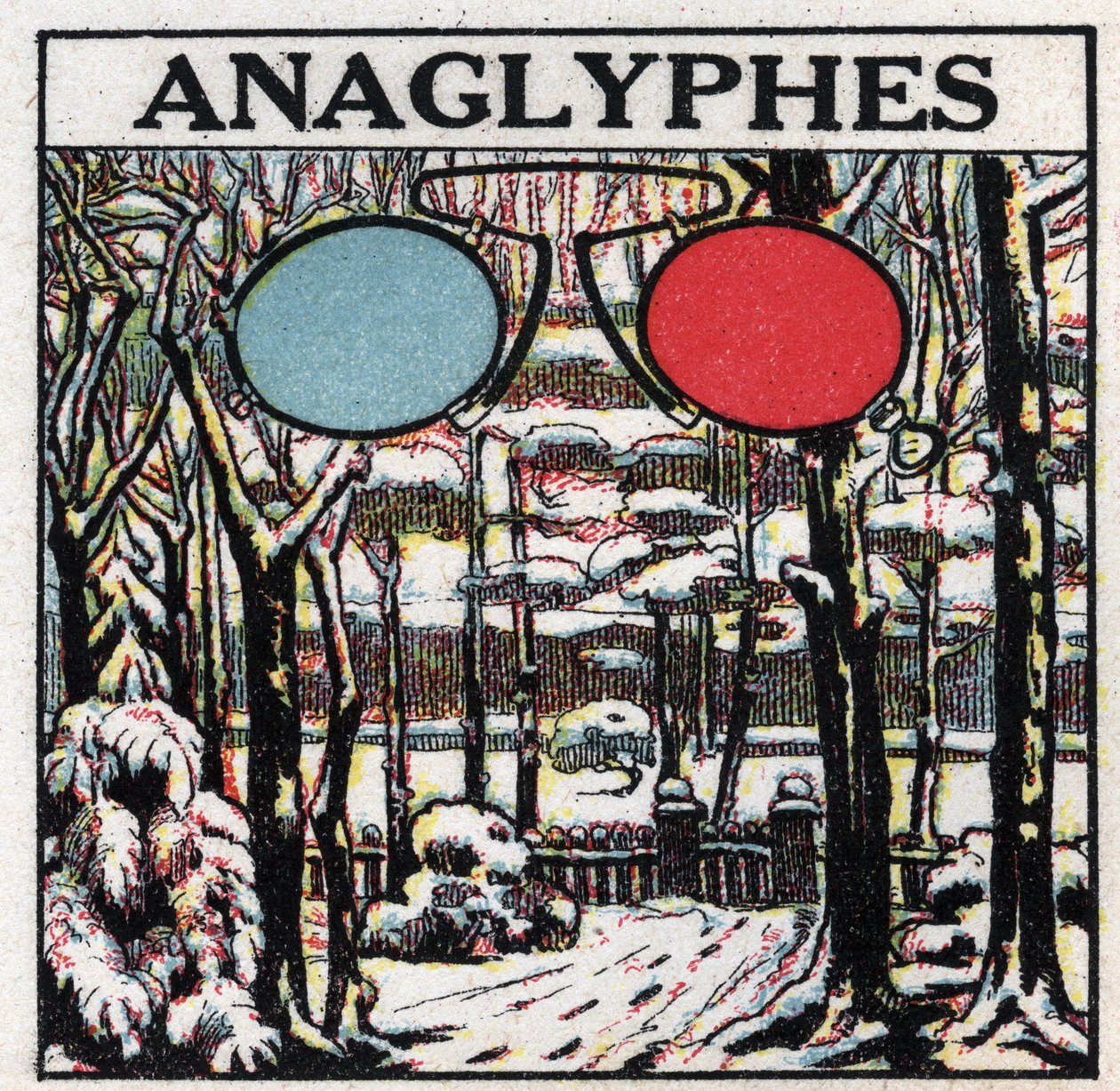 Valokuvaus: anaglyfi on kuva, joka on painettu näkyväksi kohokuviona kaksisävyisillä laseilla. Anonyymi kuvitus vuodelta 1925. Yksityiskokoelma. tekijältä Anonymous Anonymous