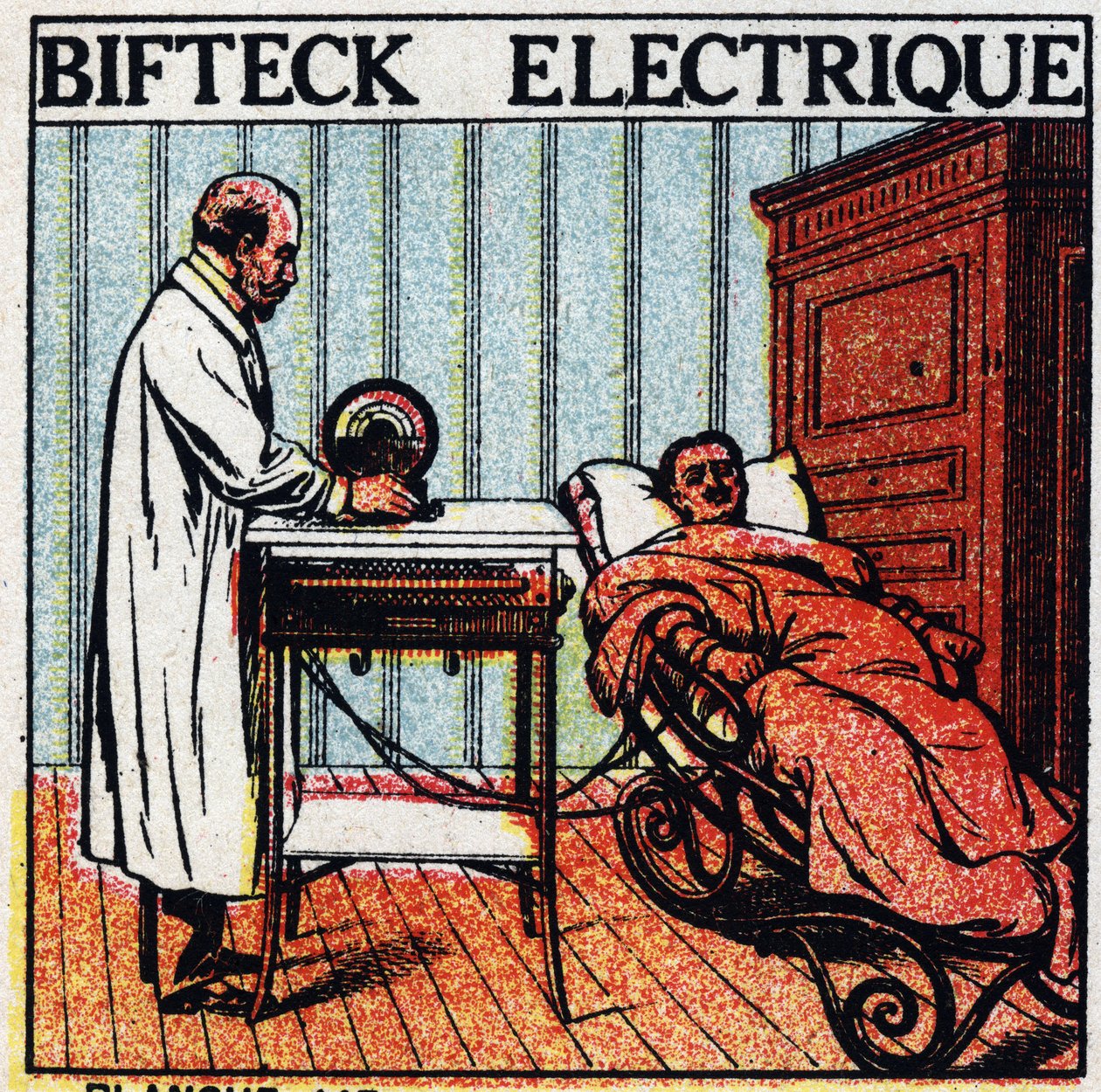 Electriciitin fysiologiset vaikutukset: sähköpihvi. Potilaan hoitoa ohjaamalla sähköliitin hänen kehonsa läpi paljain metallielektrodin avulla. Nimetön kuvitus vuodelta 1925. Yksityinen kokoelma. tekijältä Anonymous Anonymous