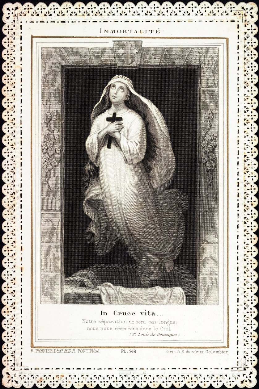 Hurskas kuva: "" Immortalite, In cruce vita"" Deces denteleen kortti. 1800-luvun yksityinen kokoelma tekijältä Anonymous Anonymous