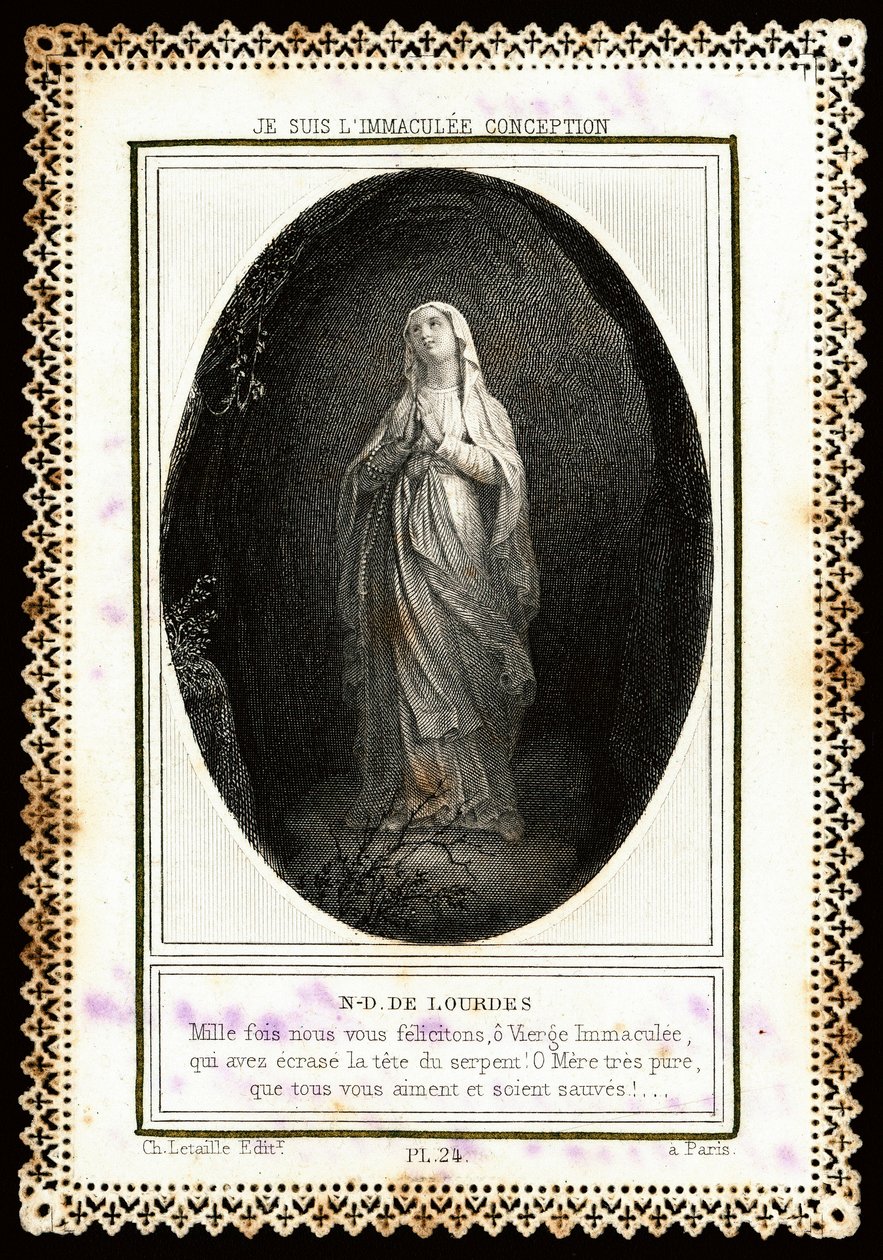 Hurskas kuva: "" Notre Dame de Lourdes"" Dentelee-kortti. 1800-luvulla. Yksityinen kokoelma tekijältä Anonymous Anonymous