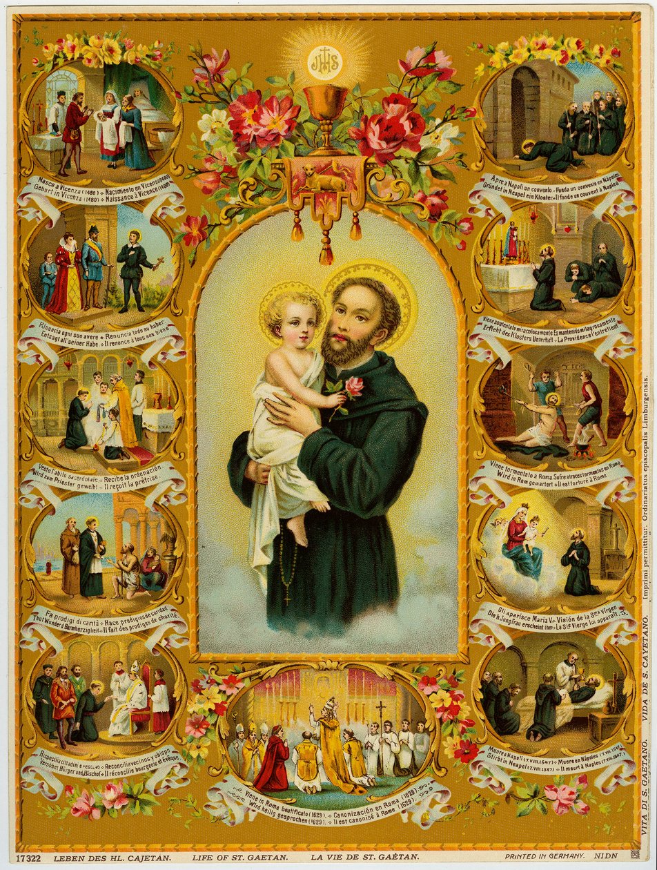 Hurskas kuva: Saint Cajetan, Gaetano dei Conti di Tiene Theatinesin perustaja (kromolitografia) tekijältä Anonymous Anonymous
