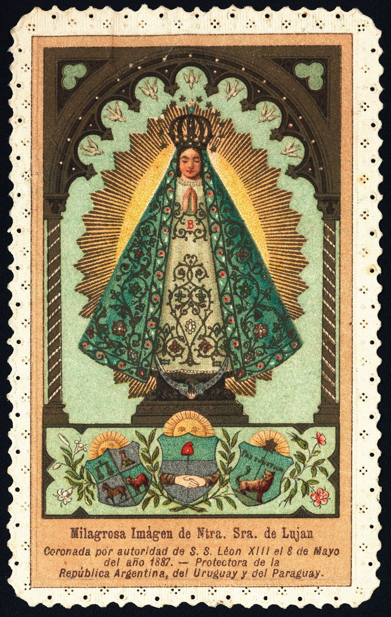 Hurskas kuva: "" edustaa Nuetra Senioraa (Our Lady) Lujanista, Argentiinan, Paraguayn ja Uruguayn suojelijasta"" Dentelee Card Private Collection tekijältä Anonymous Anonymous