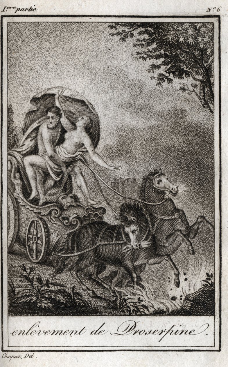 Pluto (Hades) vie Persephonen (Proserpine) äitinsä Ceresin (Demeter) eteen ja vie hänet alamaailman valtakuntaan. Pluto kuljettaa Persefonen valtakuntaansa, kreikkalaisen mytologian alamaailmaan. Kaiverrus vuodelta 1819 kirjassa ”Lettres a Emilie s tekijältä Anonymous Anonymous