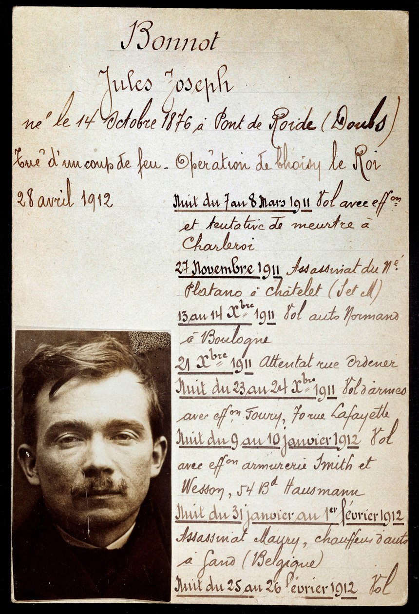 Rikollinen Jules Bonnot (1876-1912) (Bonnot-yhtye) poliisiarkki, jossa on luettelo rikoksista tekijältä Anonymous Anonymous