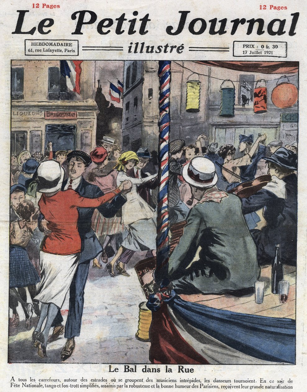 Suosittuja balleja Pariisin kaduilla kansallisjuhlan yhteydessä 14. heinäkuuta. Kuva otettu "" Le petit journal illustrious" -julkaisusta 17.7.1921. Yksityinen kokoelma tekijältä Anonymous Anonymous