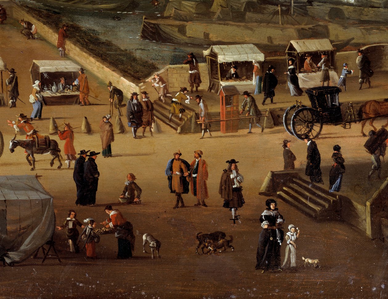 Portterituoleja ja kauppaa Pont Neufilla Pariisissa 1600-luvulla Yksityiskohta. Anonyymi maalaus. Pariisi, Musee Carnavalet tekijältä Anonymous Anonymous