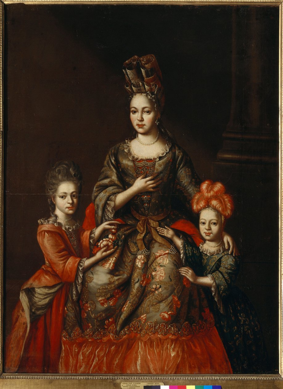 ""Pietarin kuvernöörin vaimon Anastasia Naryshkinan ja hänen tyttäriensä Aleksandran ja Tatjanan muotokuva"" Nimetön maalaus, 1700-luvun alku, koko 180x130,8 cm Valtion Tretjakov-galleria, Moskova tekijältä Anonymous Anonymous