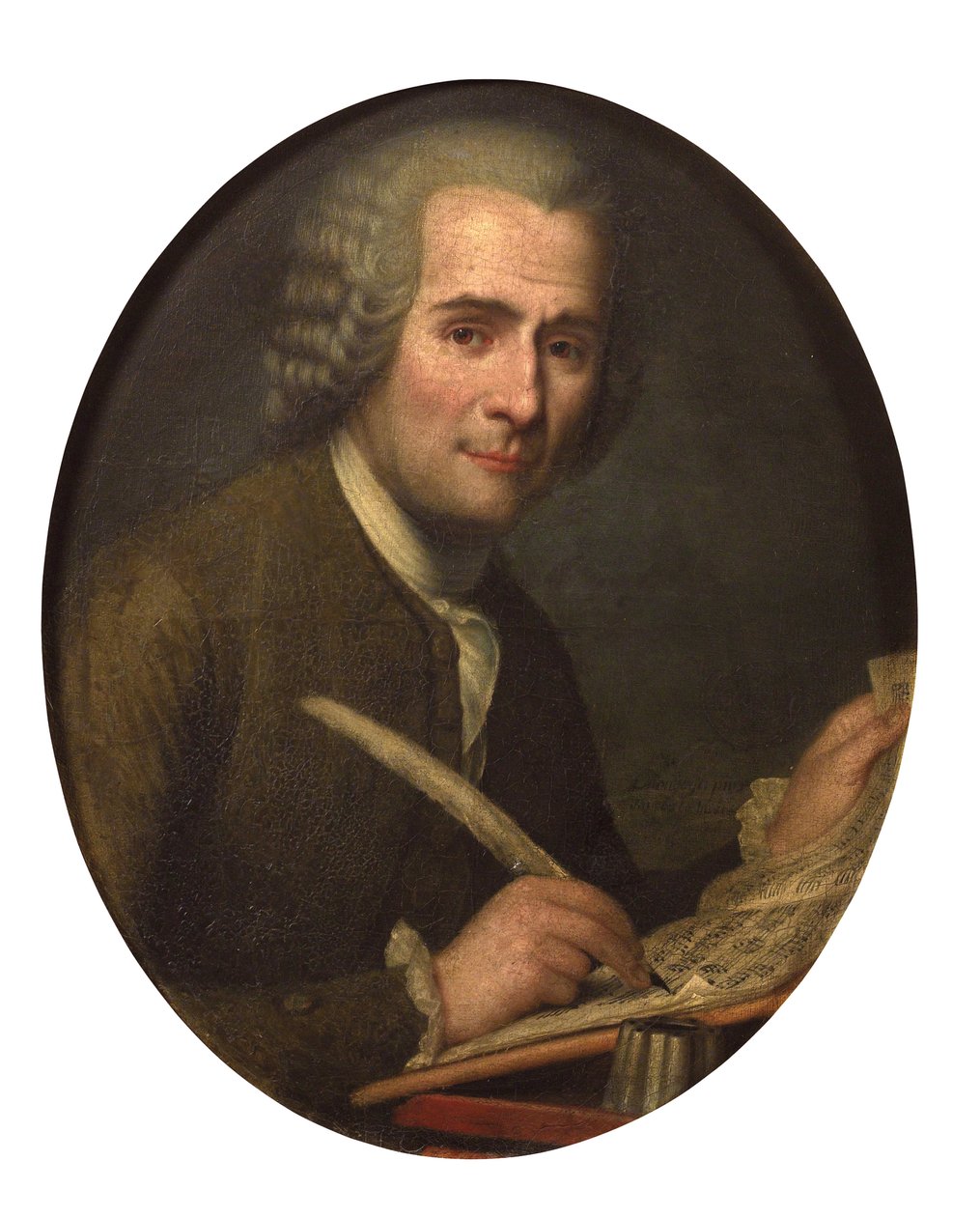""Muotokuva Jean Jacques Rousseausta kirjoittamassa nuottia"" (Jean-Jacques Rousseau (1712-1778) kirjoittaa nuotteja) Nimetön maalaus Öljy kankaalle Halkaisija 65x54 cm Yksityinen kokoelma tekijältä Anonymous Anonymous