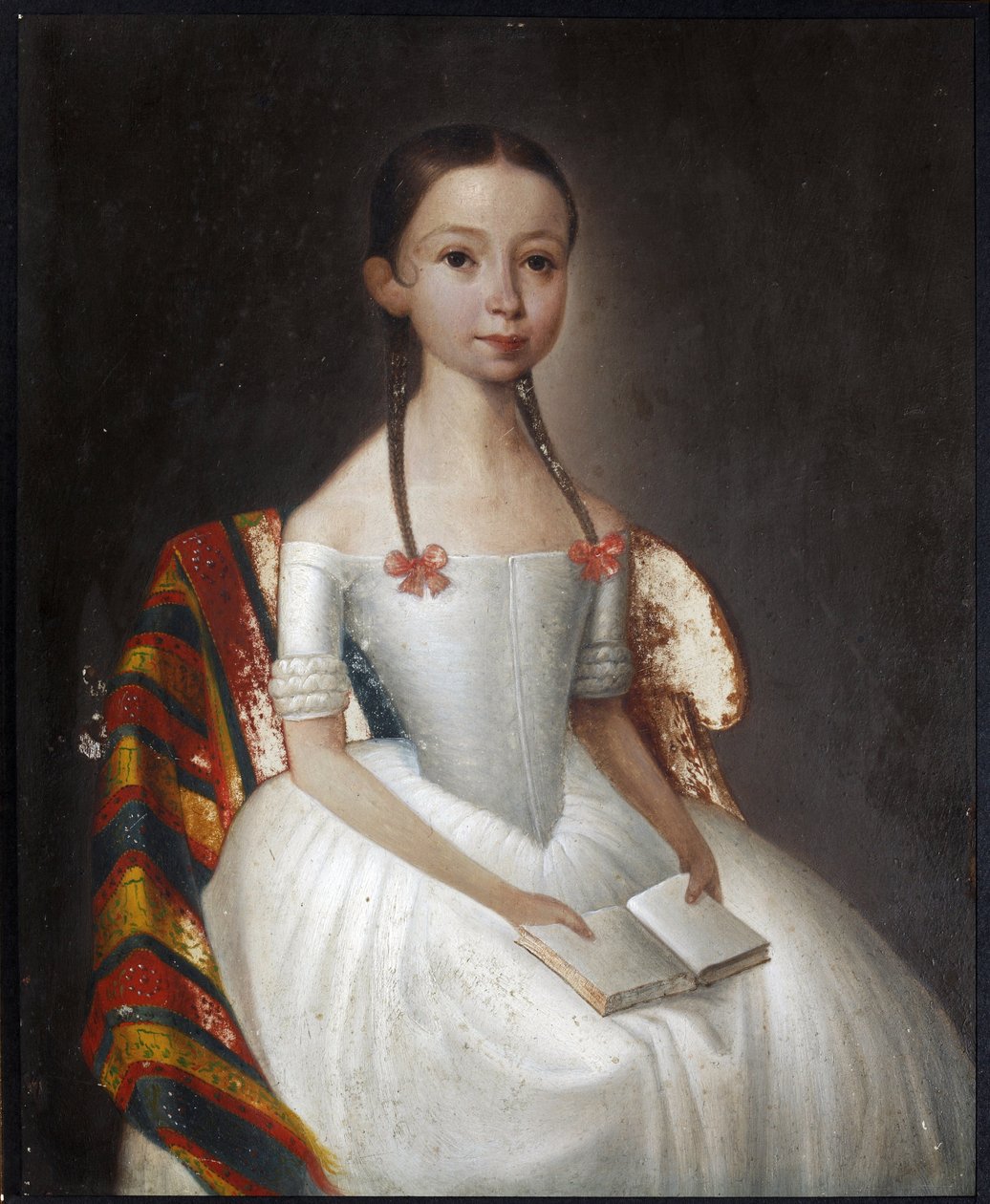 ""Muotokuva tytöstä, jolla on kirja"" (Muotokuva tytöstä, jolla on kirja) Nimetön maalaus n. 1830 Yksityinen kokoelma tekijältä Anonymous Anonymous