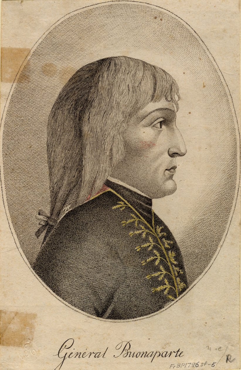 ""Kenraali Napoleon Bonaparten (1769-1821) muotokuva"" Anonyymi kaiverrus 1796 Koko 19,2x12,5 cm Yksityinen kokoelma tekijältä Anonymous Anonymous