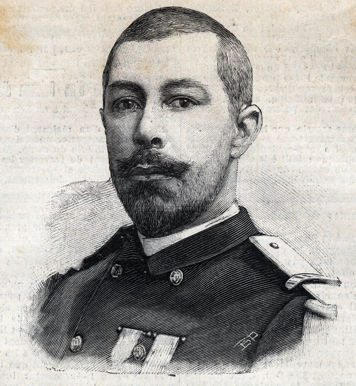 Antoine Mizonin (1853-1899) muotokuva ranskalaisesta tutkimusmatkailijasta Afrikassa. Kaiverrus "" Le Peute Parisien"" tekijältä Anonymous Anonymous