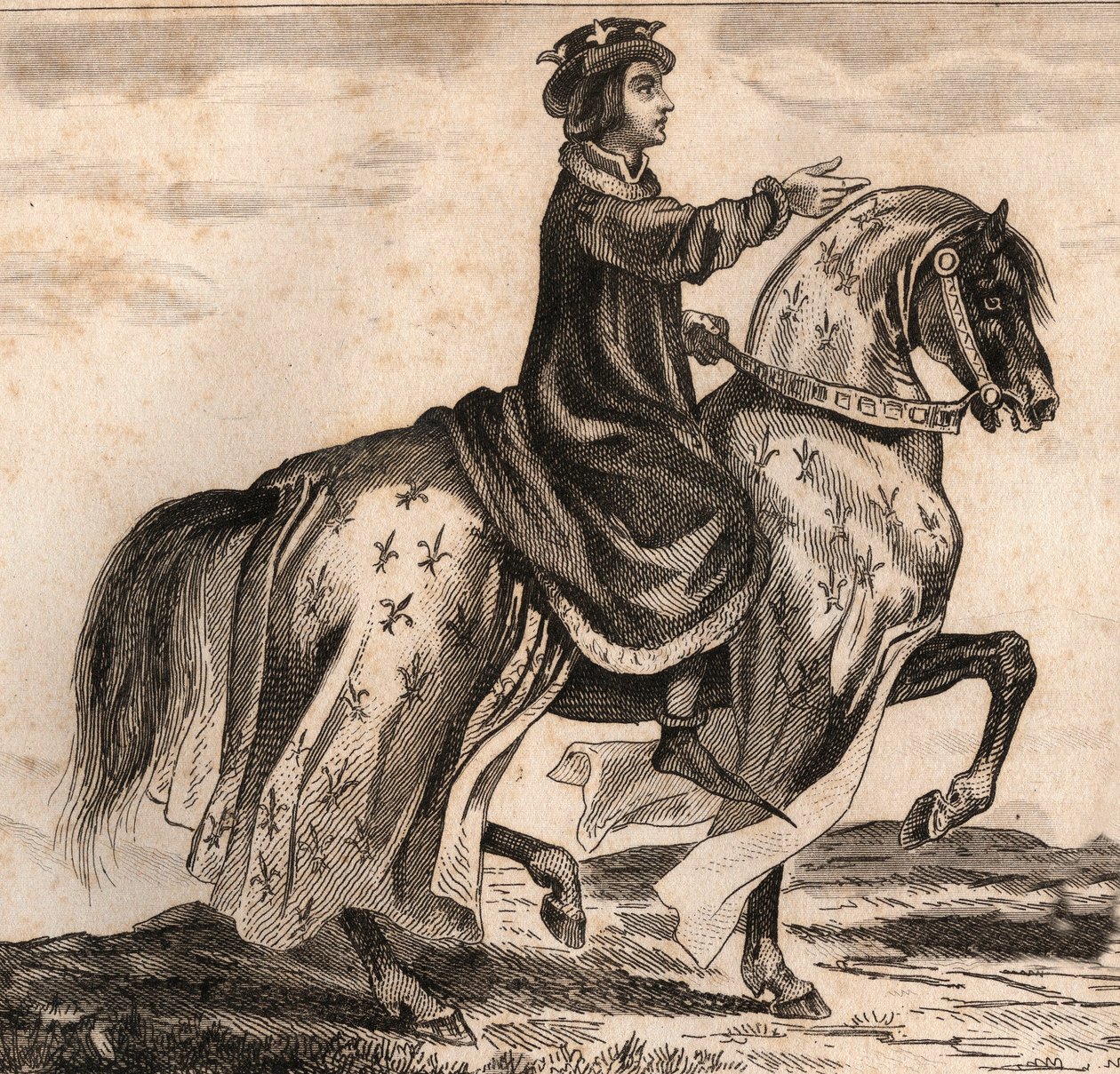 Kaarle IV Bel (1294-1328), Ranskan kuninkaan muotokuva. Kaiverrus vuodelta 1859 Le Mondessa. Kaikkien kansojen historia kaukaisimmista ajoista nykypäivään." kirjoittanut M. E. de Lostalot-Bachoue (Lostalot Bachoue). Yksityinen kokoelma. tekijältä Anonymous Anonymous