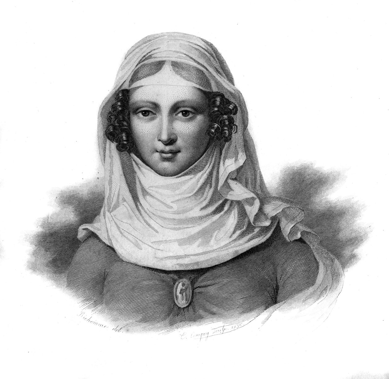 Muotokuva Clemence Isauresta, Toulouse-naisesta, joka olisi elänyt 1300-luvulla "Hyödyllisten miesten muotokuvia ja historiaa: kaikkien maiden ja olosuhteiden miehet ja naiset, jotka saivat oikeuden miesten tunnustukseen" julkaisi ja levittää b. tekijältä Anonymous Anonymous
