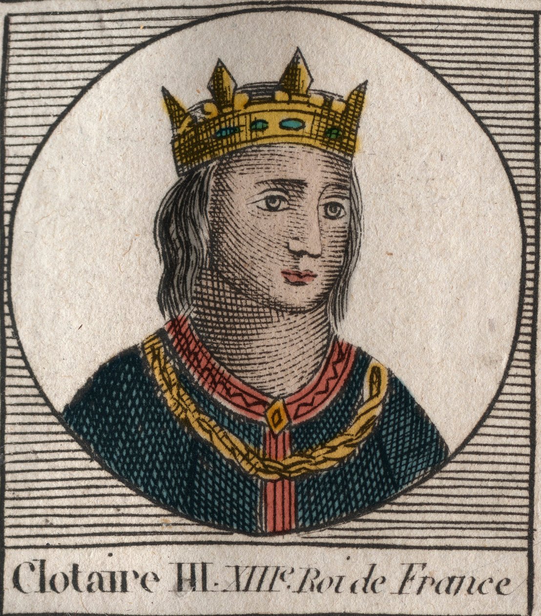 Clothaire III:n (652 - 673), Neutrian ja Burgundin kuninkaan muotokuva - kaiverrus Charles Constant Le Tellierin "Ohjeesta Ranskan historiaan" 1821 tekijältä Anonymous Anonymous