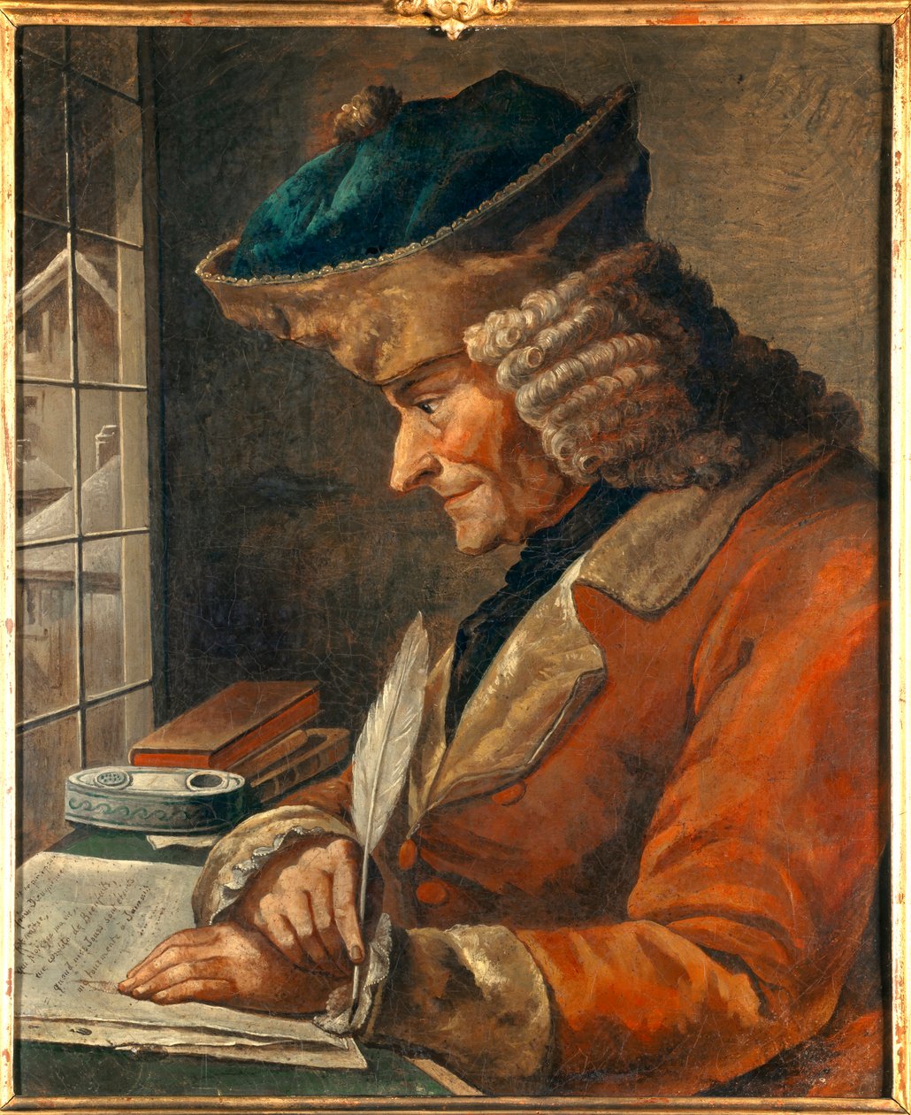 Muotokuva Francois Marie Arouet Voltairesta (1694-1778) työkaapissa 1700-luvun maalausta. Himmeä. 0,43 x 0,35 m Pariisi, Carnavalet-museo - Francois Marie Arouet Voltairen (1694-1778) muotokuva työhuoneessa. 18. keskuksen maalaus. 0,43 x 0,35 m tekijältä Anonymous Anonymous