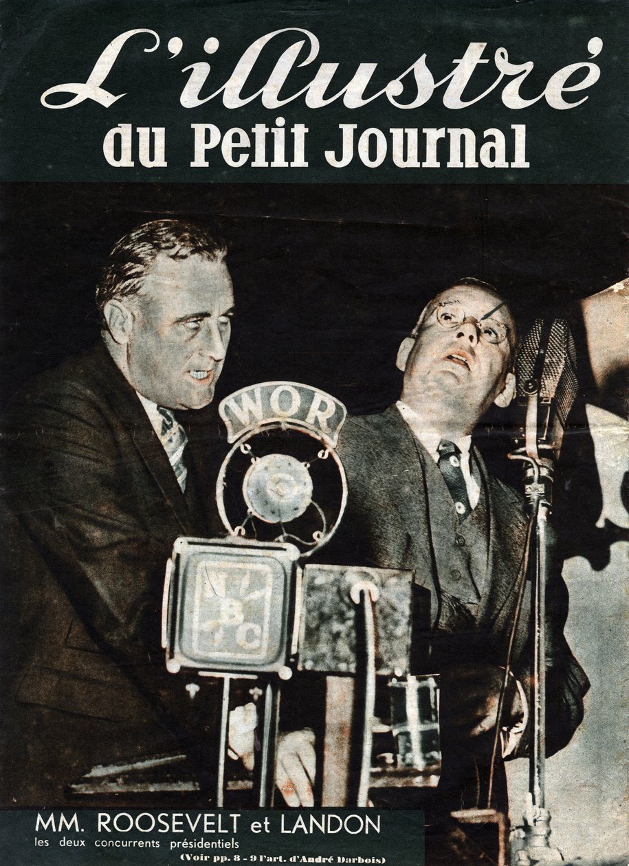 Muotokuva Franklin Delano Rooseveltistä (1882-1945) ja Alfred Mossman "" Alf"" Landonista (1887-1987), kahdesta kilpailijasta Yhdysvaltain presidentinvaaleissa. "" L