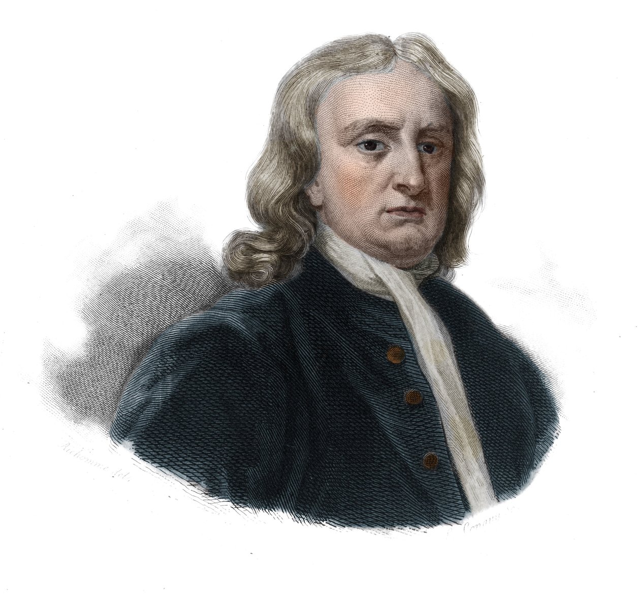 Filosofin ja matemaatikon Isaac Newtonin (1642 - 1727) muotokuva teoksessa ”Hyödyllisten miesten muotokuvia ja historia: kaikkien maiden ja olosuhteiden miehet ja naiset, jotka saivat oikeuden miesten tunnustukseen”, jonka julkaisi ja levittää Seura. tekijältä Anonymous Anonymous