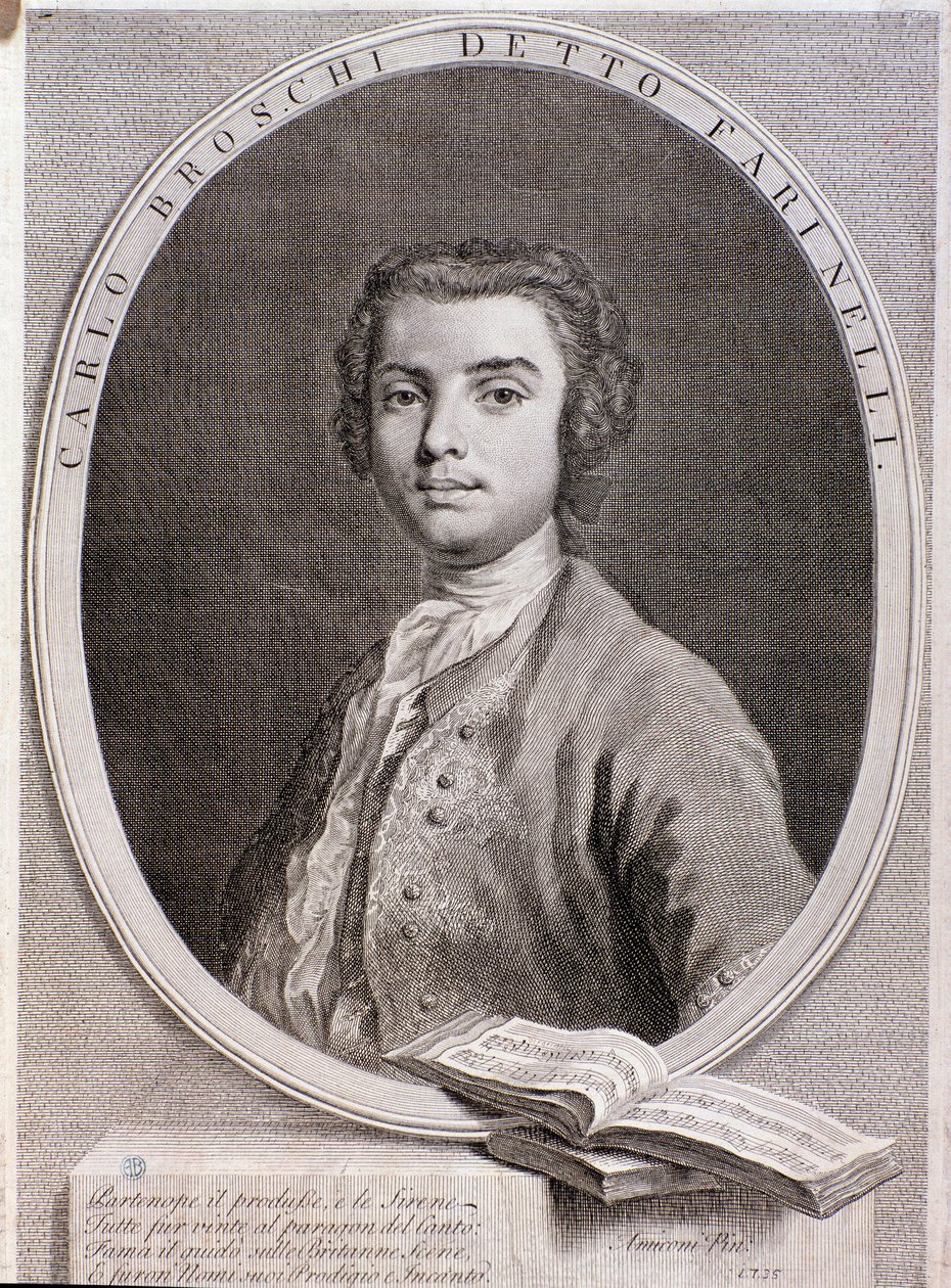 Italian kastraatin Carlo Broschin muotokuva nimeltä Farinelli (kaiverrus. 1735) tekijältä Anonymous Anonymous