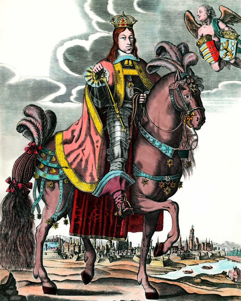 Pyhän Rooman keisarin Leopold I:n muotokuva - Leopold I:n (1640 - 1705) ratsastusmuotokuva Unkarin, Böömin, Dalmatian, Kroatian ja germaanisen keisarin kuninkaan. Kaiverrus 1600-luvulta. Yksityinen kokoelma. tekijältä Anonymous Anonymous