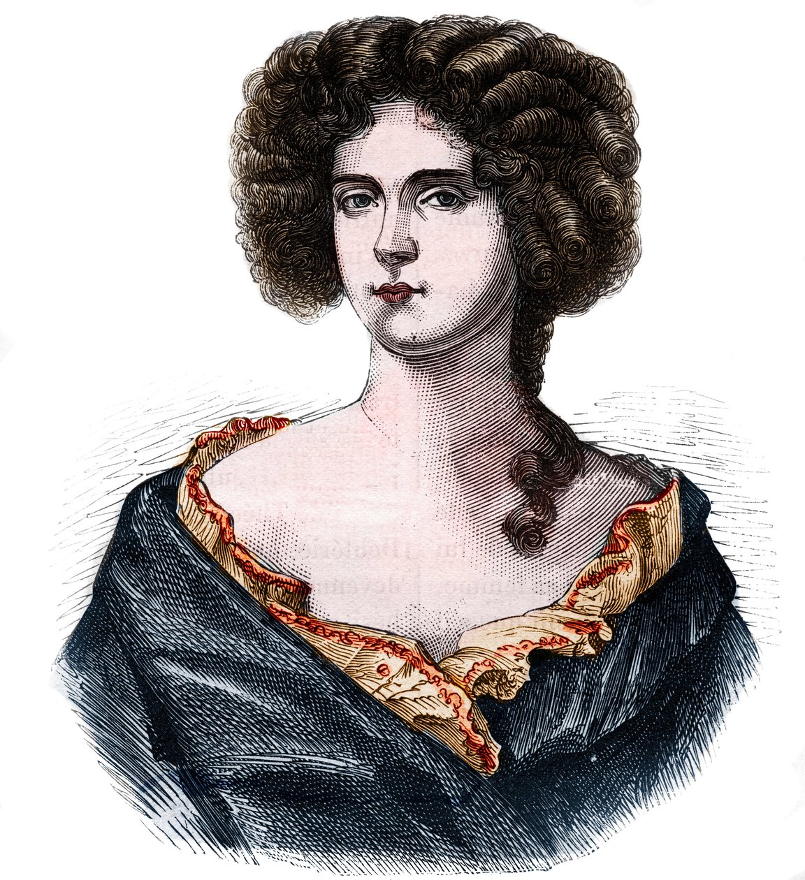 Portsmouthin herttuattaren ja Charles II:n (1630-1685) rakastajatar Louise de Keroualle (1649-1734) muotokuva. Kaiverrus teokseen "Prostituution ja irstailun historia maapallon kansoissa antiikista nykypäivään"", Dr. Th. -F. Debray. 1879. tekijältä Anonymous Anonymous