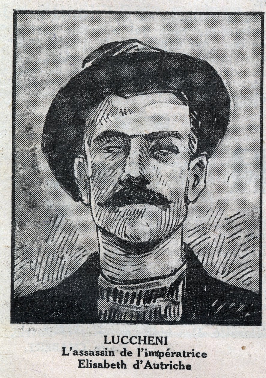Muotokuva Luigi Luchenista (1873-1910), italialainen anarkisti, salamurhaaja vuonna 1898 Elisabeth de Wittelsbachista, Itävallan keisarinnasta, joka tunnetaan nimellä Sissi. Kaiverrus "" L