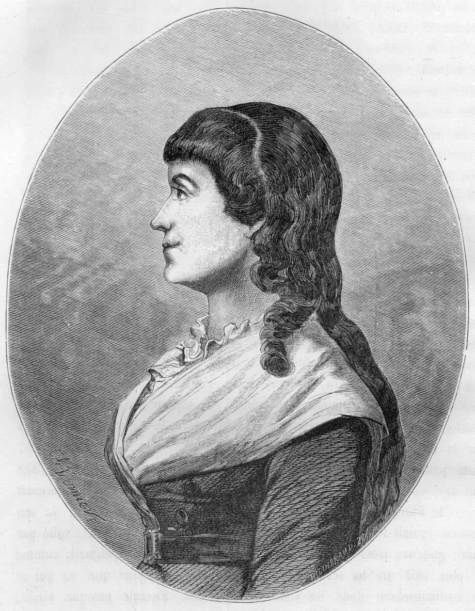 Manon Rolandin muotokuva, dit "" Madame Roland"" (1754-1793), s. Jeanne-Marie (Jeanne Marie) Philippon, Roland de La Platieren vaimo - Kaiverrus vuodelta 1863 teoksessa "Le Livre Rouge - Histoire De L