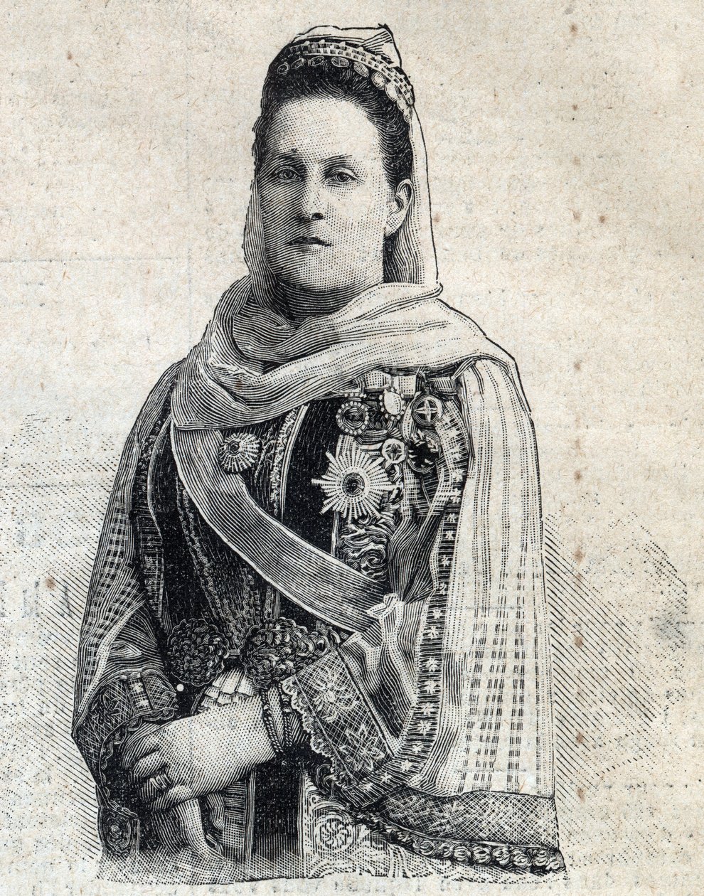 Muotokuva Venäjän Olga Constantinovnasta (1851-1926) Kreikan kuningattaresta. Kaiverrus "" Le Peute Parisien"" tekijältä Anonymous Anonymous