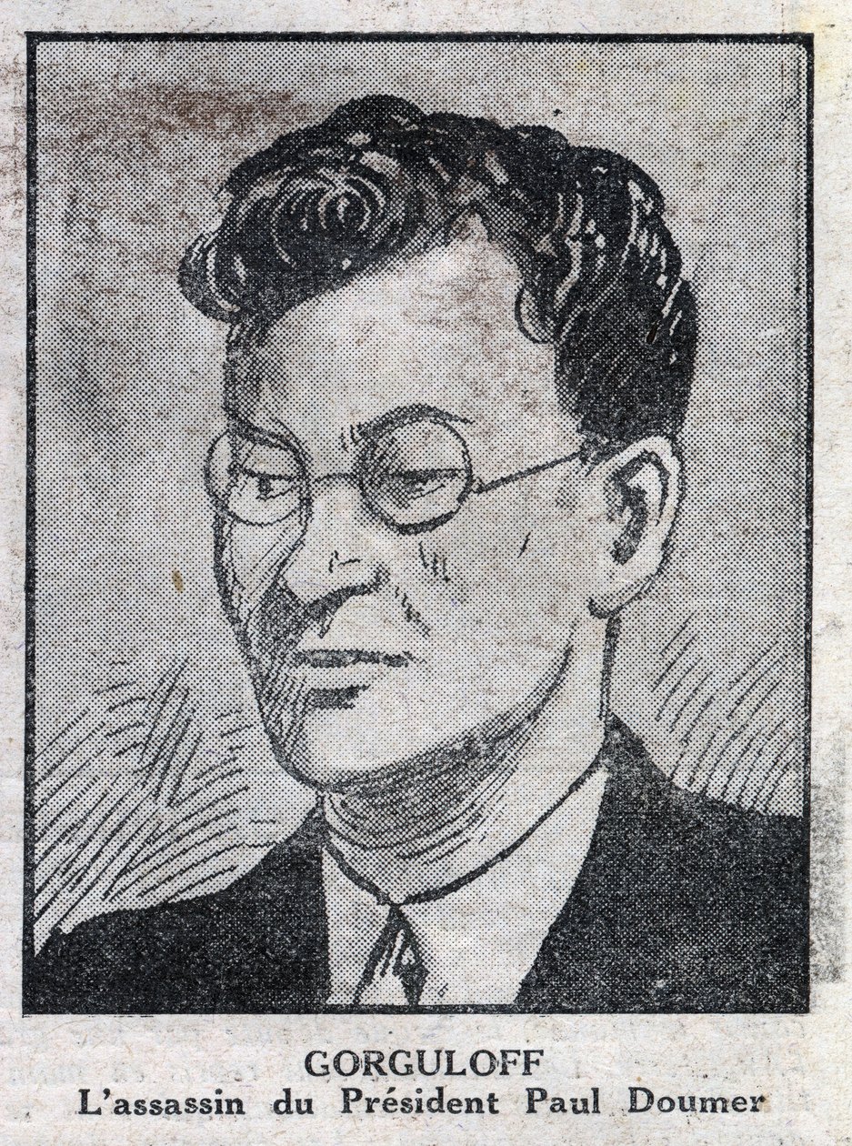 Muotokuva Paul Gorgulovista tai Gorguloffista (1895-1932), Ranskan presidentin Paul Doumerin salamurhaajasta (1857-1932). Kaiverrus "" L