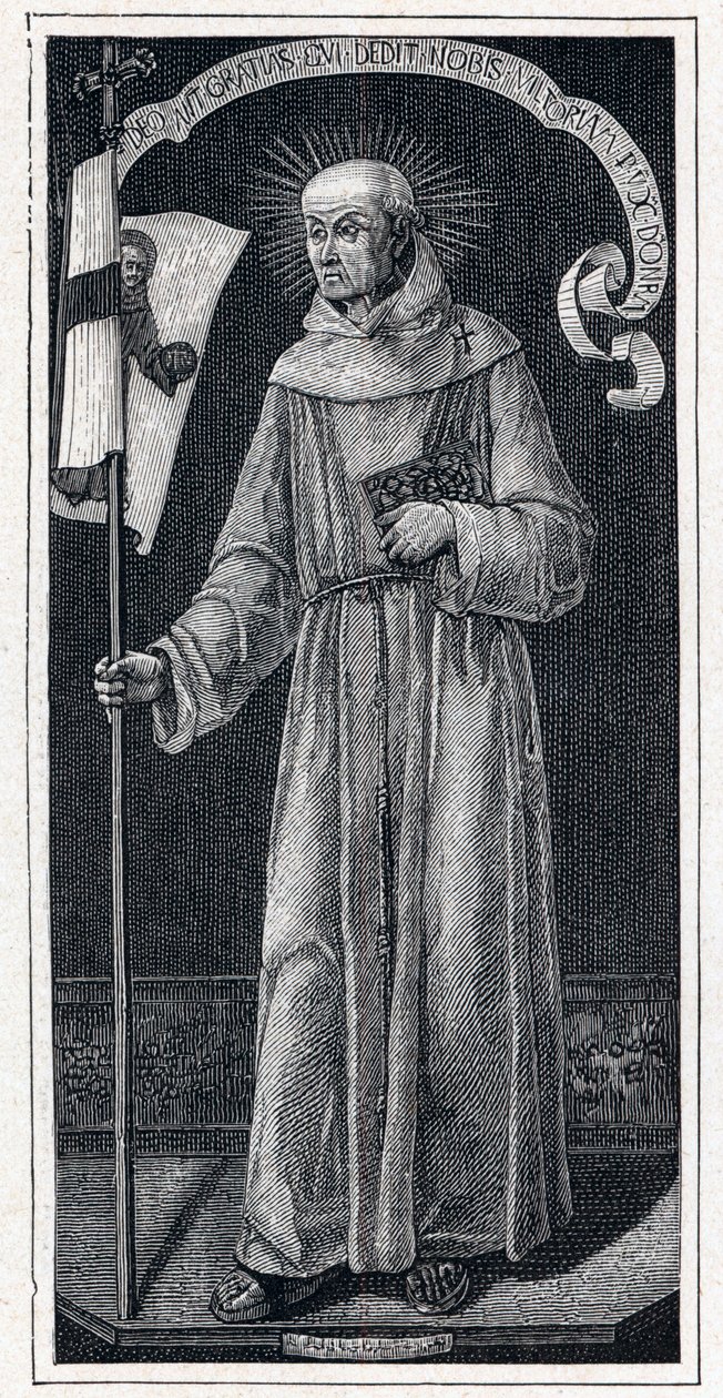 Pyhän Johannes Kapistralaisen (Giovanni da Capestranon) (1386-1456), italialaisen fransiskaanin muotokuva. Bartolomeo Vivarinin maalaus 1400-luvulta. Kaiverrus "Les Missions Catholiques au XIXeme Siecle" Louis-Eugene (Louis Eugene) Louvet. yksityinen yhtei tekijältä Anonymous Anonymous