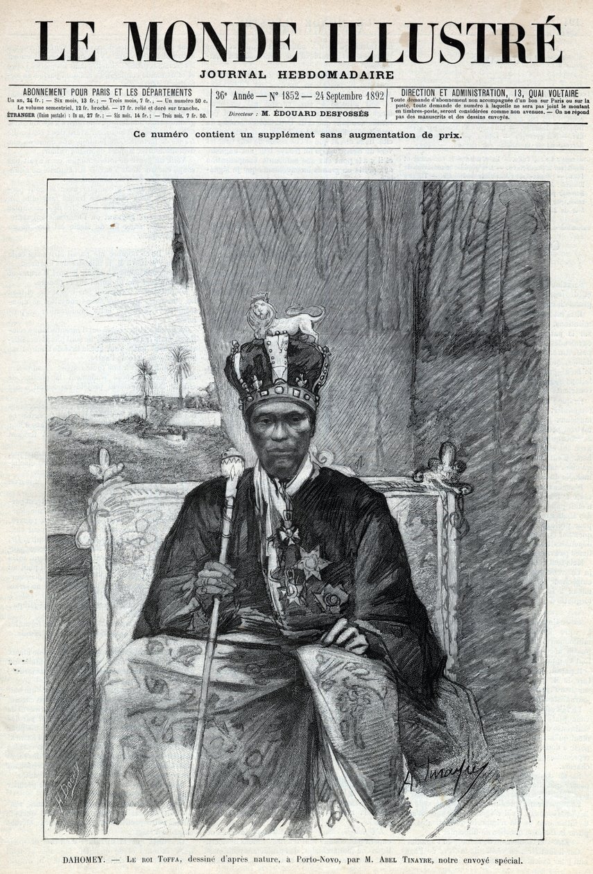 Muotokuva Tofa I:stä (Toffa) (noin 1850-1908), Dahomeyn (Benin) kuningas Porto Novo (Porto-Novo). Sanomalehti. Kaiverrus ”Le monde illustree” ”vuodelta 1892. Yksityinen kokoelma. tekijältä Anonymous Anonymous
